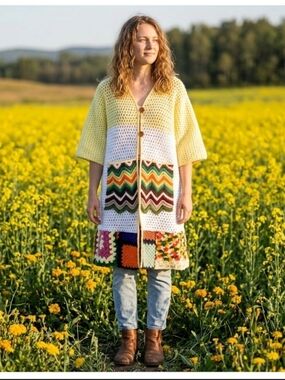 Vtg afghan blanket coat L upcycled white yellow Patch Don't Throw It Out